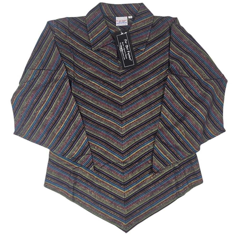 Far Out Fashion XL Multi Color Striped Metallic Handkerchief Hem Blouse NWT